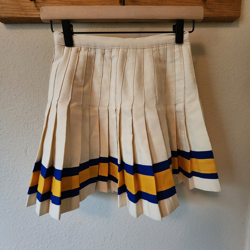 Vintage Cheerleader Cream Pleated Skirt with Blue and Yellow Stripes